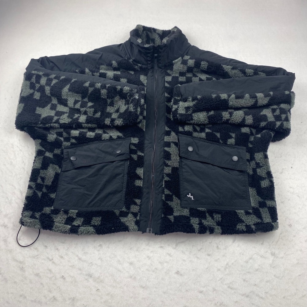 JoyLab Womens XL Sherpa Full Zip Jacket Black Gray Checkered Cropped Fleece